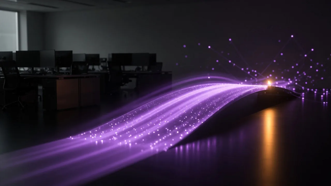An open bridge of light between a trading floor and a field of independent lights.