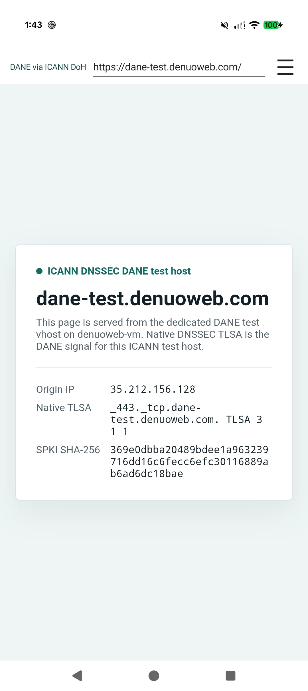 HNS DANE Browser on Android displaying an ICANN site secured with DANE.