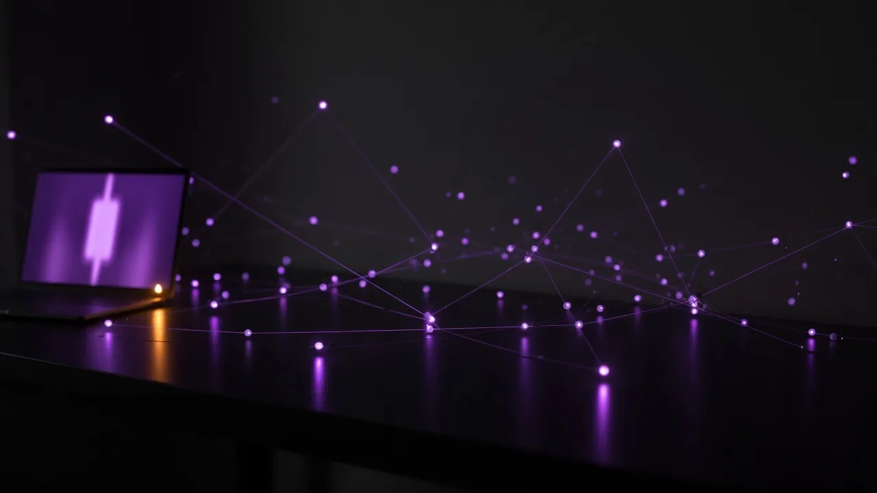 A field of independent lights linked by thin lines, with no single building in charge.