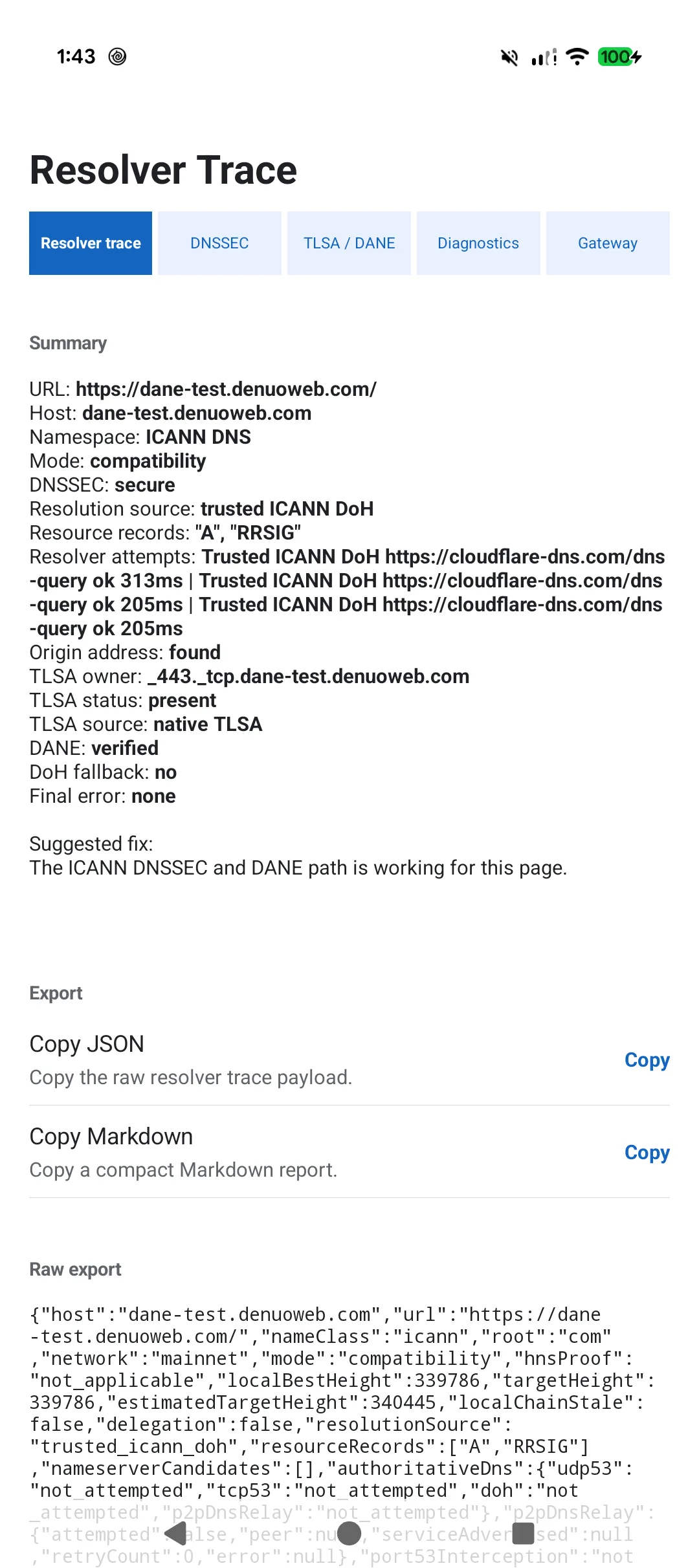 Android HNS DANE Browser resolver trace with DNSSEC, TLSA, and DANE results.